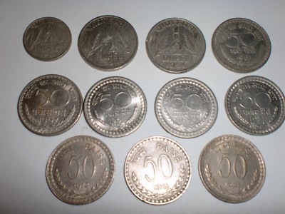 INDIA - 11 OLD ''1/2 RUPEE''/''1/4 RE.''/''50 NAYE PAISE''&''50 P.'' COINS-1951/74#11DF