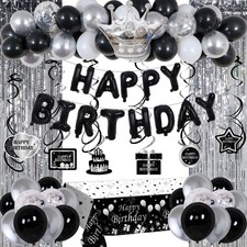 Black and Silver Decorations for Men Women, Happy Birthday for Boys Girls, Bl...