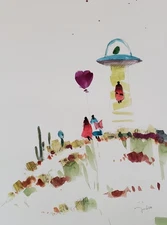 Naive Figurative UFO Watercolor PRINT Canvas By Artist Jose Trujillo 16x20