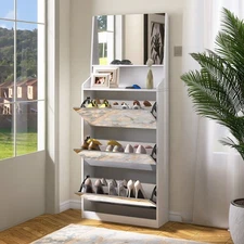 Mirror Shoe Cabinet for Entryway, White Shoe Storage Cabinet with 3 Flip Drawers