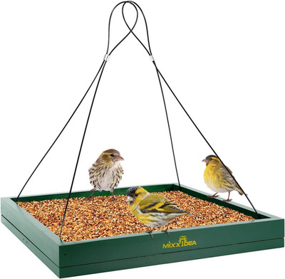 Hanging Bird Feeder Tray, Wooden Seed Platform for Garden, 1 Pack, Green