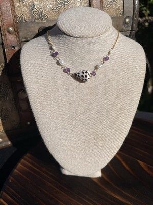 Halskette 14 Karat Gold gefüllt Süßwasserperlen, Amethyst und hebräischer Kegel Muschel