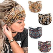 Boho Headbands for Women   4 Pack Wide Stretchy Turban Head Wraps, Floral Tribal