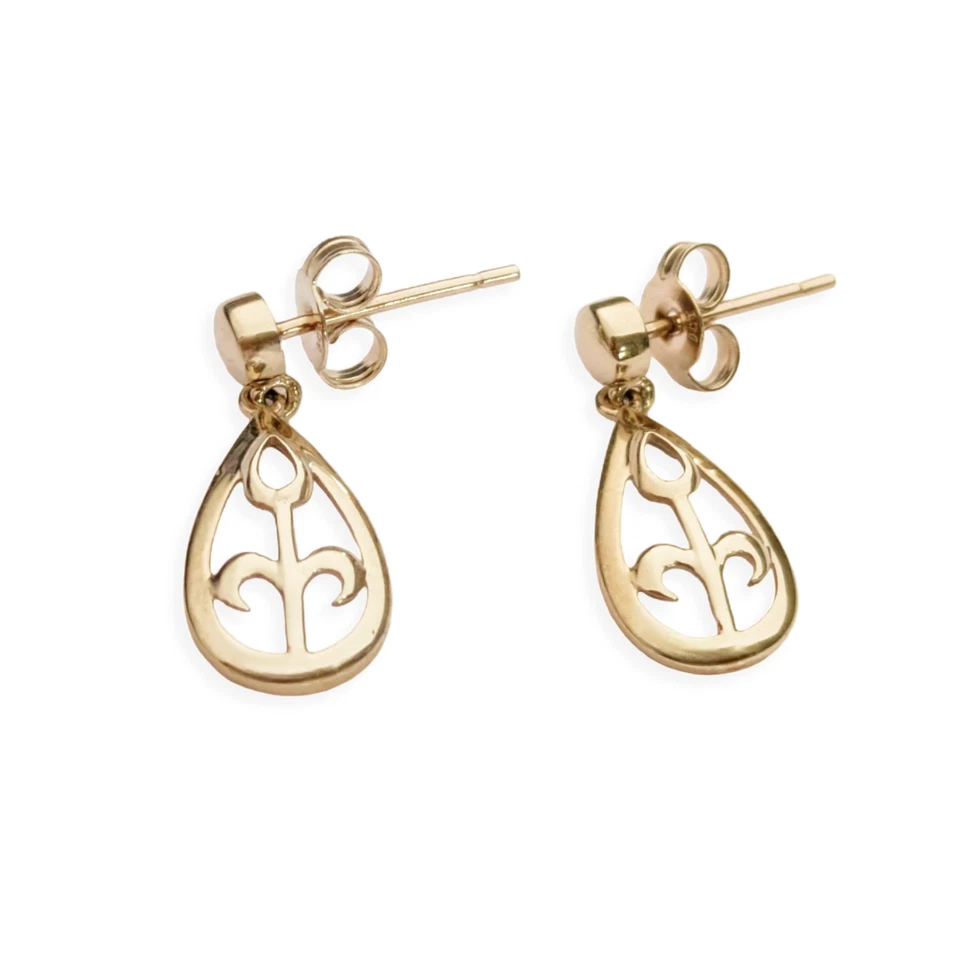 Aretes de oro amarillo macizo de 9 quilates con diseño de gota Fleur De Lys - Elegante regalo Foto 4 de 4
