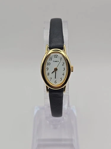 Vintage Timex Cavatina Gold Tone Oval Womens Watch Leather New Battery Dainty
