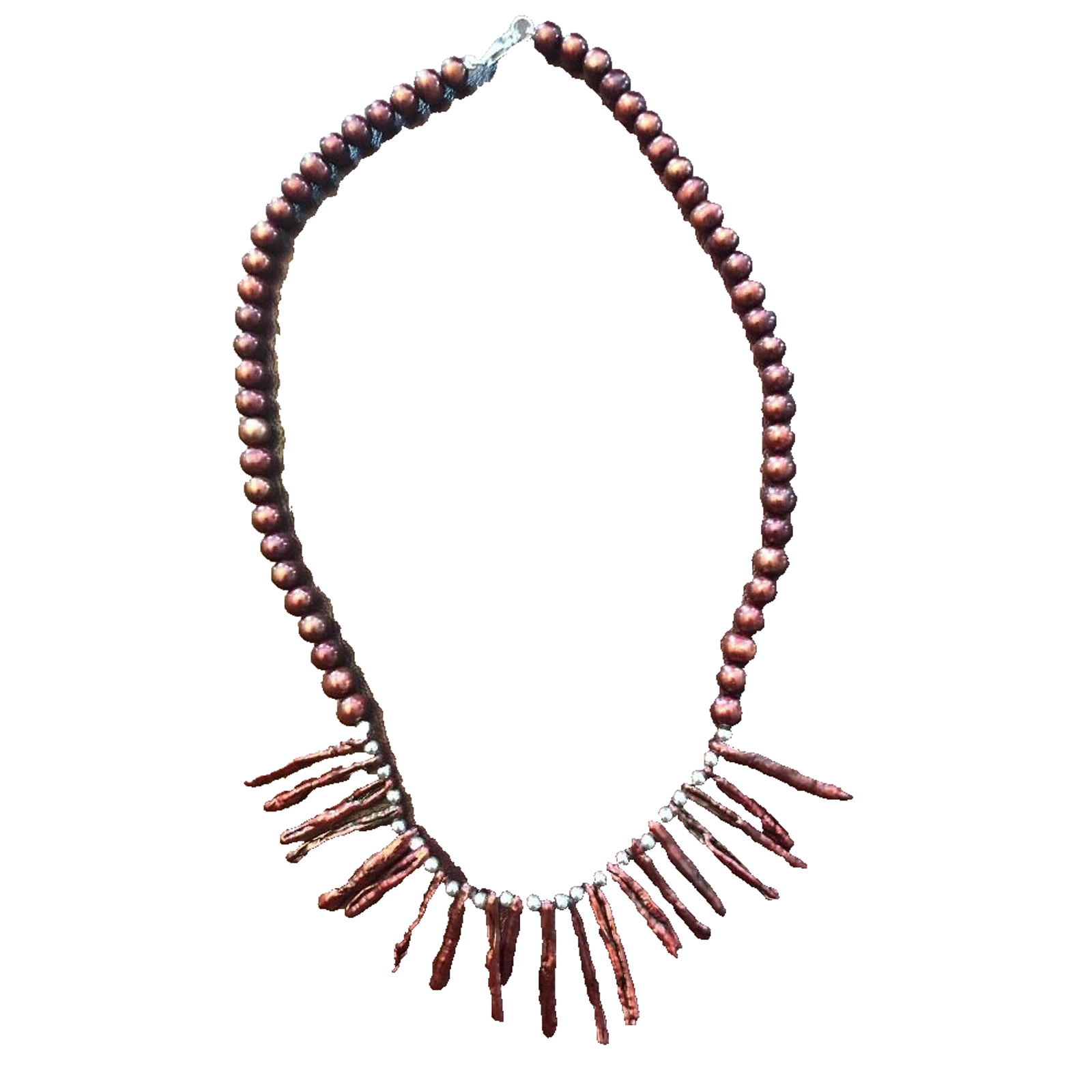 "Beaded Statement Necklace Dark Copper Color 17\" Silvertone Spacers"