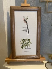 Vintage Needlepoint Scissor tail Flycatcher Bird Mistletoe Oklahoma Bird Cottage