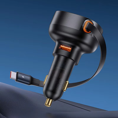 60W Car Charger 2 in 1 Retractable Cable SCP 25W QC PD 30W Fast Car Phone Charge
