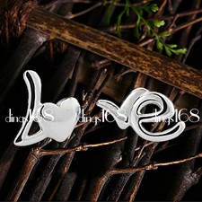 Girl's 925 Sterling Silver Cute "LO" "VE" Heart Asymmetrical Stud Earrings P1300