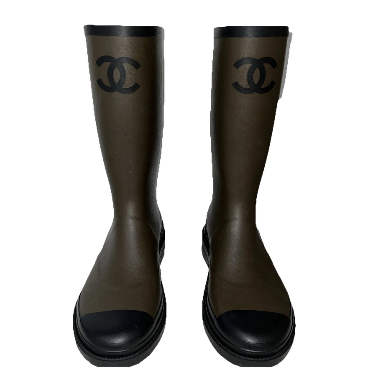 Chanel Khaki And Black 39 High Rain Boots, AUTHENTIC, Two tone is