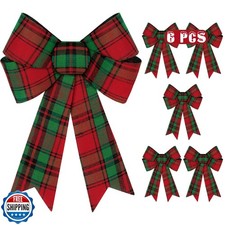 6 PCS Large Christmas Bows, Red Green Buffalo Plaid Christmas Tree Decoration