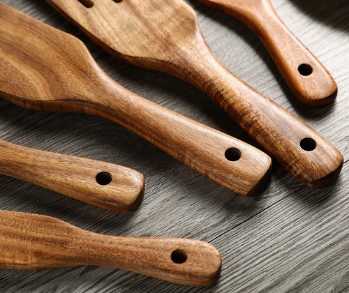 Holzspurtles Set mit Halter, Natur Teak Küchenutensilien 6er Set, Wärme... - Bild 5 von 7