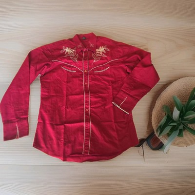 Rot weiß besticktes Westernhemd. Vintage Cowboy Herren 50er Rockabilly Unisex