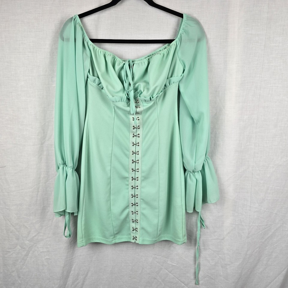 Pretty Little Thing Size 8 Mini Dress Green Puffy Sleeve Festival Party ***READ 