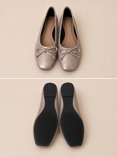 Women's Silver Slip-On Ballet Flats Square Toe Bow Accent Solid Synthetic 6