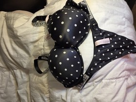 Victoria's Secret Bling Bombshell Set 36c Bra And Thong Med Black White Polka...