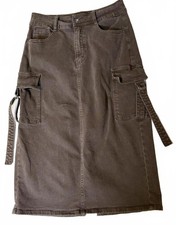 Brown Denim Cargo Midi Skirt UK 12 Y2K Utility Streetwear