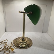 Vtg Brass Bankers Desk Lamp Emerald Green Glass Shade, Works