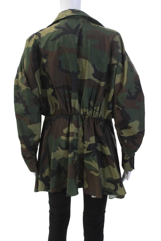 Camisa de camuflaje Norma Kamali para mujer manga larga con cuello verde marrón talla XS Foto 3 de 4