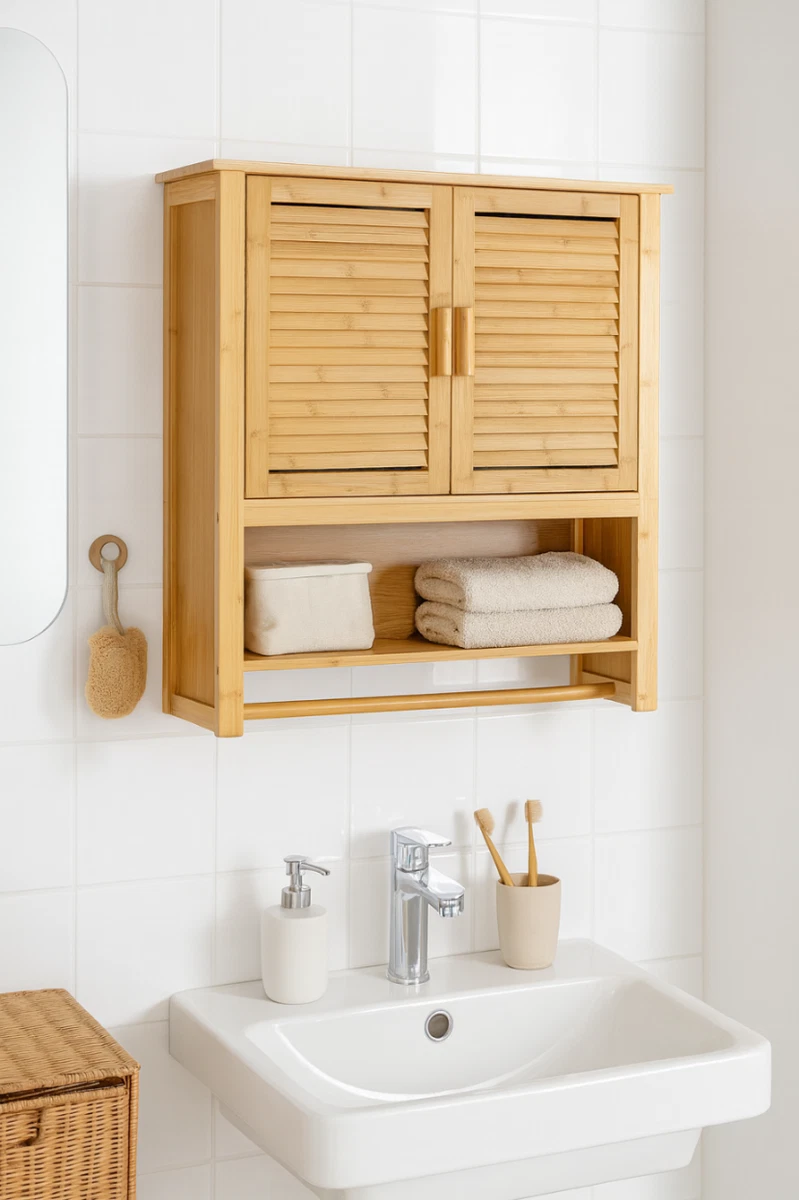 Armario Colgante de Bambú para Baño Armario de Pared con 2 Puertas Toallero