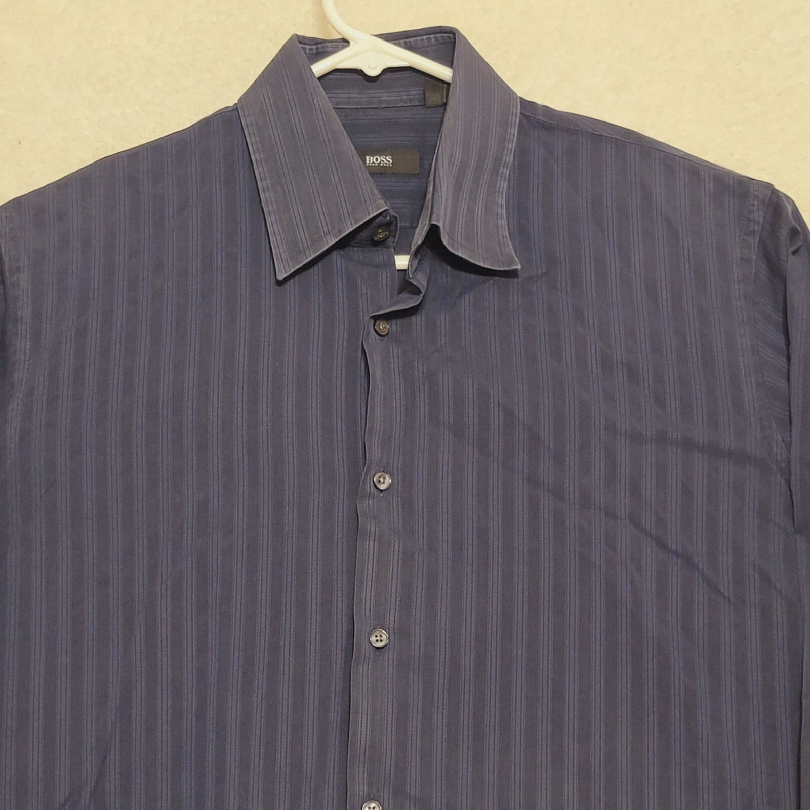 Hugo Boss Men's Dress Shirt Size 16 3233 Blue Striped Long Sleeve