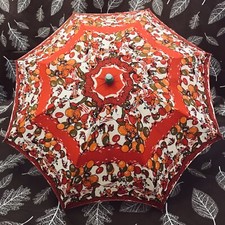 Vintage Child's Umbrella Bunnies Bears Cotton Fabric w/ Wooden Figure Handle