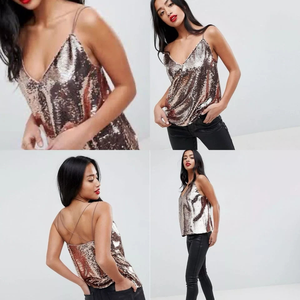 Top cami de lentejuelas con diseño de ASOS para mujer talla 0 correa de espagueti oro rosa forrado con cuello en V Foto 2 de 4