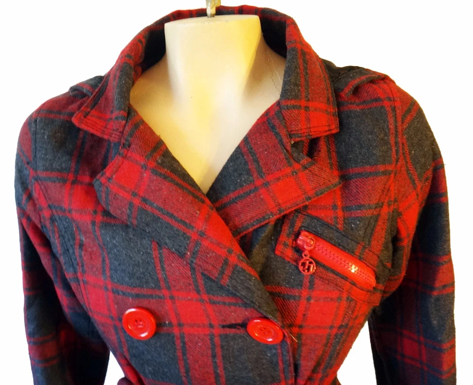 Chaquetón a cuadros de caza tartán rojo a cuadros capucha pequeña gris mezcla de lana punk joujou Foto 4 de 4