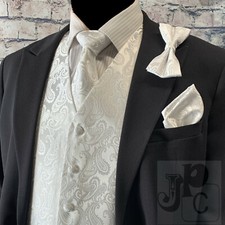 WHITE XS -6XL Paisley Tuxedo Dress Vest Waistcoat  Neck tie  Bowtie And Hanky