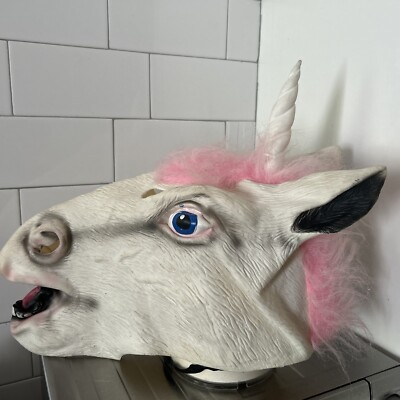 Magical White Unicorn Head Furry Mane Halloween Mask Costume Cosplay Playtron
