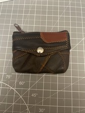 Vintage Leather Coin Purse Pouch Zippered Closing Snap Front Pocket Brown Stitch