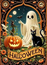 Pumpkin Ghost Cat Diamond Art Kit 11.8 x 15.7 Inch Halloween Craft