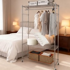 Heavy Duty Clothing Garment Rack Closet Organizer Rolling Shelves with Side Hook