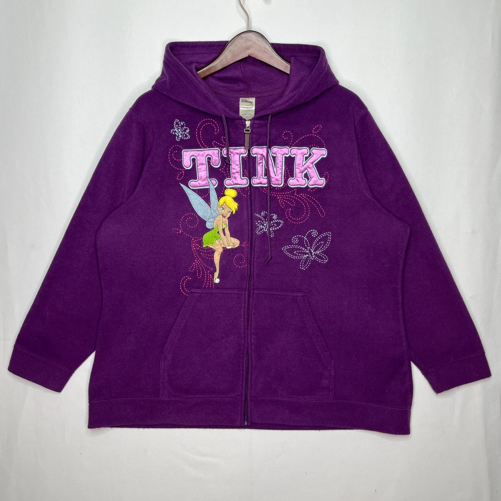 Disney Women’s 2X Purple Tinker Bell Tink Fleece Zip Hoodie Plus Size Embroider