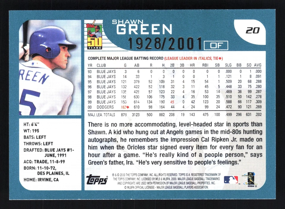 Shawn Green Los Angeles Dodgers 2001 Topps Gold #20 SN /2001 - Image 2 of 2