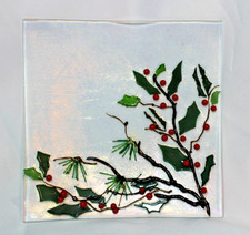 Christmas Fused Art Glass Holiday Platter Plate Bowl 8" Pine Holly Berry