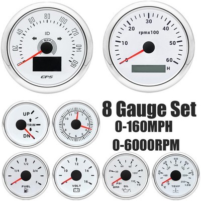 8 Gauge Set 85mm White GPS Speedometer 0-160MPH&Tacho 0-6000RPM Waterproof 