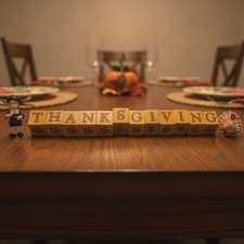 Vintage Thanksgiving Block Set with Pilgrim and Turkey Figurines