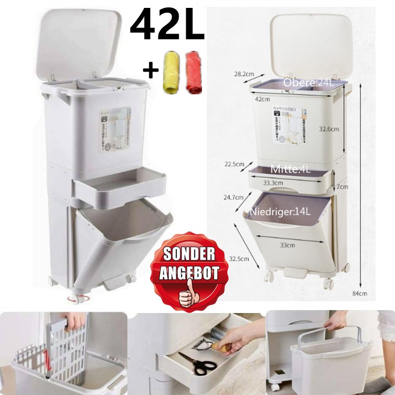 42L Mülleimer Abfalleimer Küche Müllsortier 4 Fächer Recycler Lagerschrank Pedal