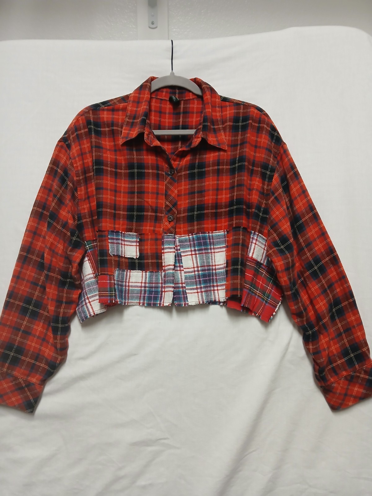 Upcycled Womens Cropped Flannel Plaid Shirt Sz XL Patchwork Grunge Western Boho