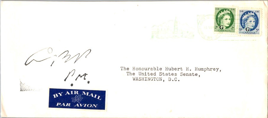 Lester B Pearson PM Official Cover to US Senator Humphrey 1954 Air Mail
