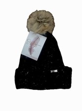Jessica Simpson Faux Fur W/ Brown Pom Pom Speckled Black Hat- Womens OS Knit New