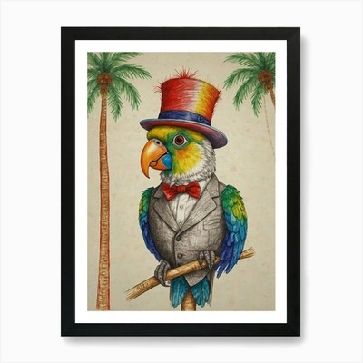 Parrot In A Hat 1 Art Print Framed Wall Art Poster Canvas Print Picture