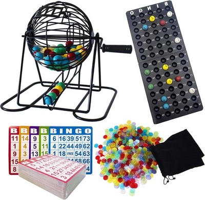 Deluxe Bingo Game Set with Metal Cage 75 Balls 100 Cards 500 Chips Master Board
