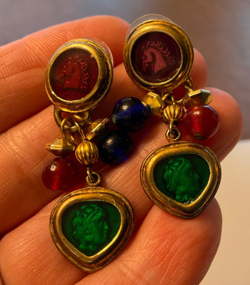 Robert Rose Guilloche Enameled Mod Greco-Roman Revival Gold-tone pierce Earrings