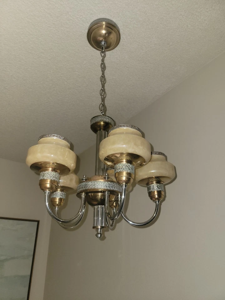 Raro: Lámpara de araña de 5 brazos "Sherwood" de vidrio de enmalle de 1938 Foto 4 de 4