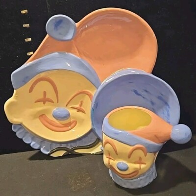 Vintage 1970's Hand Painted 9 1/2'' Clown Plate & Mug
