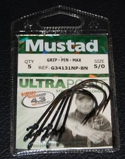 Mustad G34131NPBN-50 GRIP PIN Max 2X Extra Wide Bend Hooks Size 5/0 Pack of 5