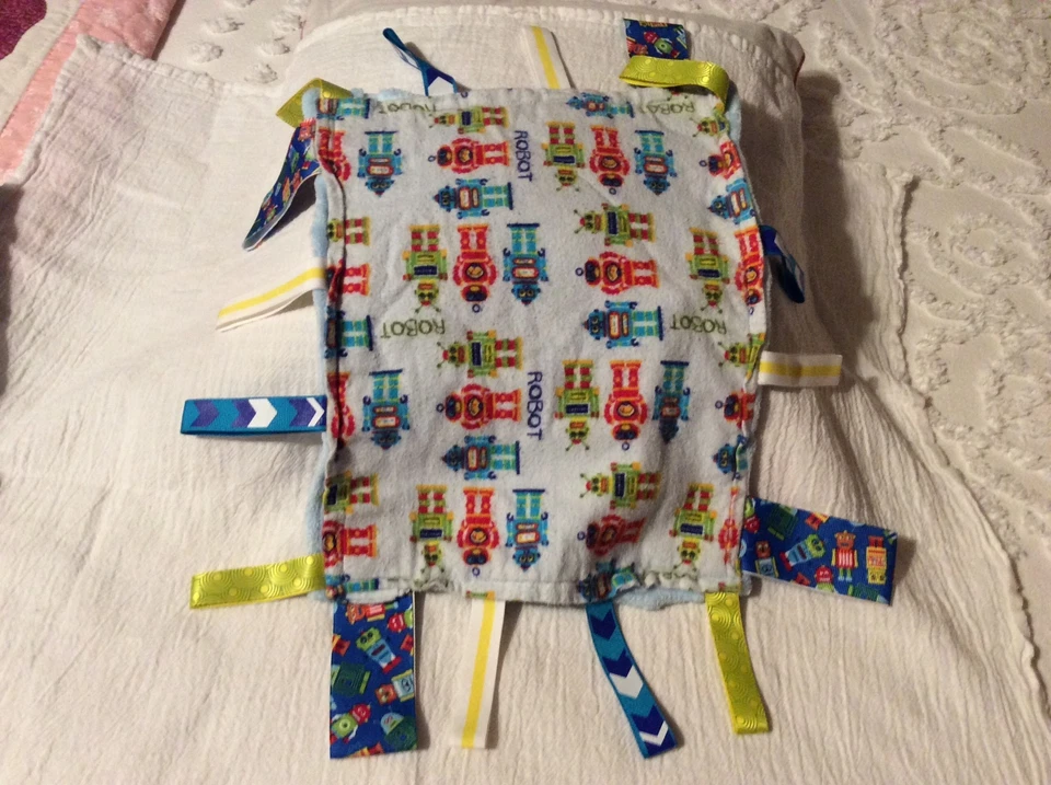 BABY TAGGIE BLANKIE HANDMADE 11" X 9" BLUE MINKY DOT ROBOTS FLANNEL - Image 4 of 4