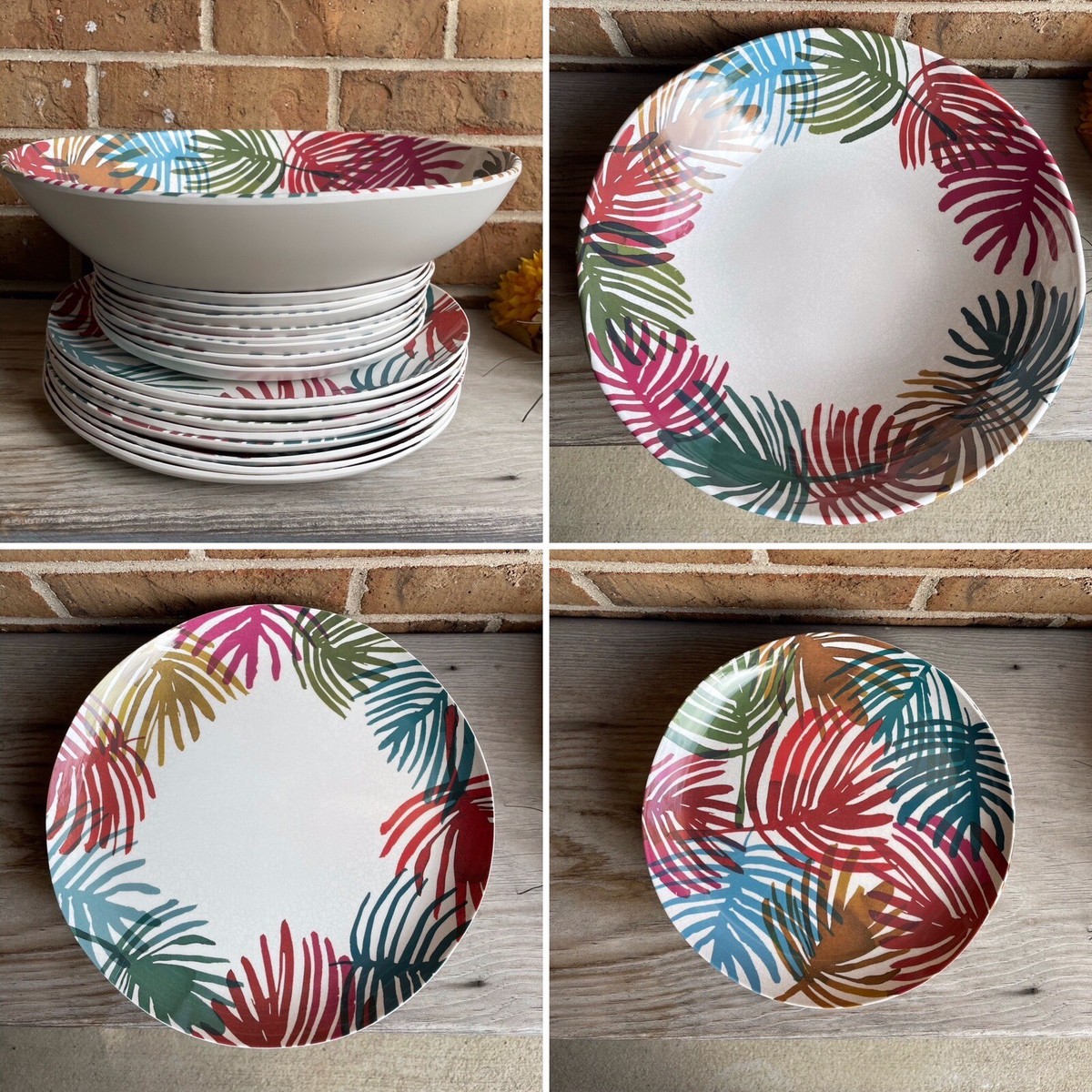 CRATE AND BARREL NICO PALM Melamine Set Dinner Salad Plates Serving Bowl  17pc!